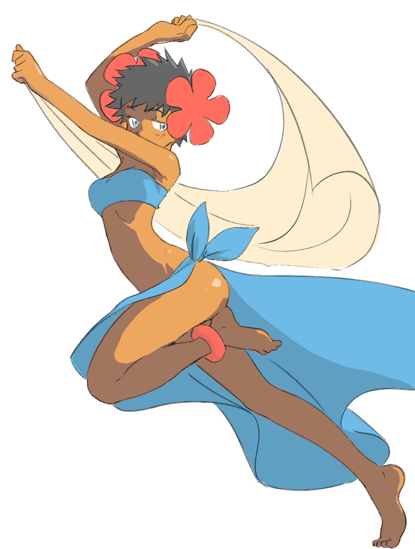1girl anklet arms_up ass bandeau barefoot blue_bandeau blue_eyes blue_sarong commentary_request dark-skinned_female dark_skin flower from_side full_body hair_flower hair_ornament holding holding_towel jewelry leg_up looking_at_viewer looking_to_the_side nintendo no_panties phoebe_(pokemon) pokemon pokemon_rse sarong short_hair simple_background solo spiked_hair toes towel u4_99384295 white_background