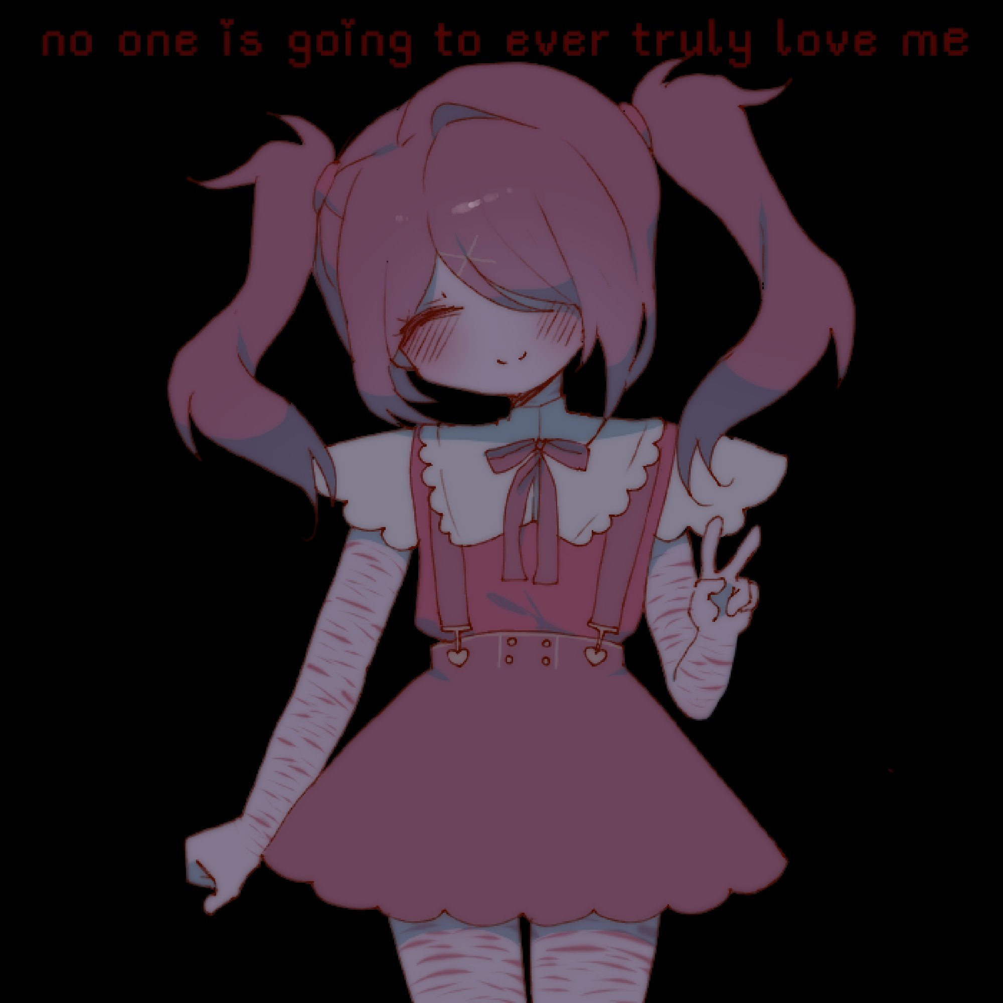 1girl ame-chan_(needy_girl_overdose) black_background black_hair black_ribbon blush buttons closed_eyes collared_shirt deliriumcenter english_text false_smile hair_ornament hair_over_one_eye heart highres needy_girl_overdose red_shirt ribbon self-harm self-harm_scar shirt short_sleeves sidelocks simple_background skirt smile solo suspender_skirt suspenders twintails v x_hair_ornament