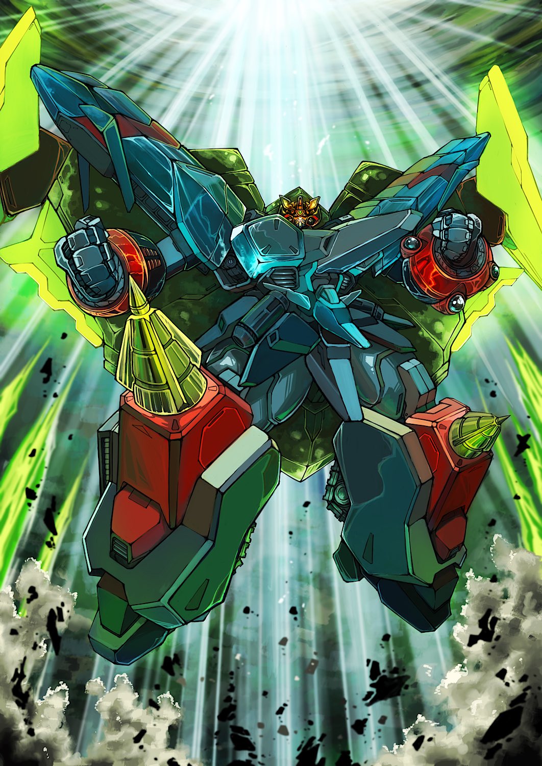 armor clenched_hands drill floating full_armor full_body gaofighgar gattai glowing highres looking_at_viewer mecha mechanical_wings no_humans robot science_fiction solo super_robot v-fin wings yamanushi yuusha_ou_gaogaigar_final yuusha_series