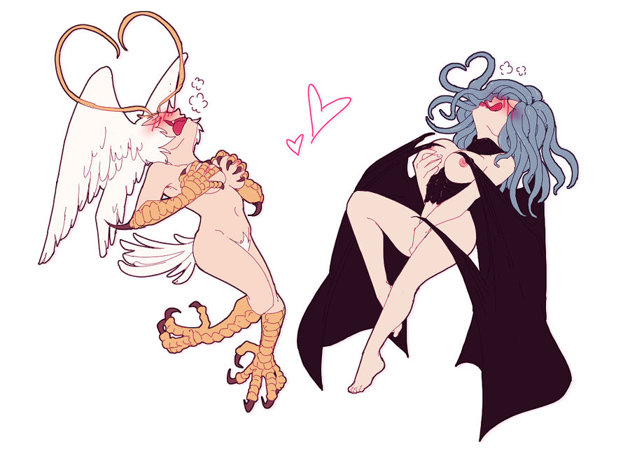 2girls antenna_hair berserk bird_legs bird_tail blue_hair blush breasts claws closed_eyes commentary crossover demon_girl demon_wings devilman female_masturbation grabbing_own_breast hanpetos harpy head_wings large_breasts masturbation monster_girl multiple_girls navel nipples sirene_(devilman) slan_(berserk) tail talons tentacle_hair white_hair wings