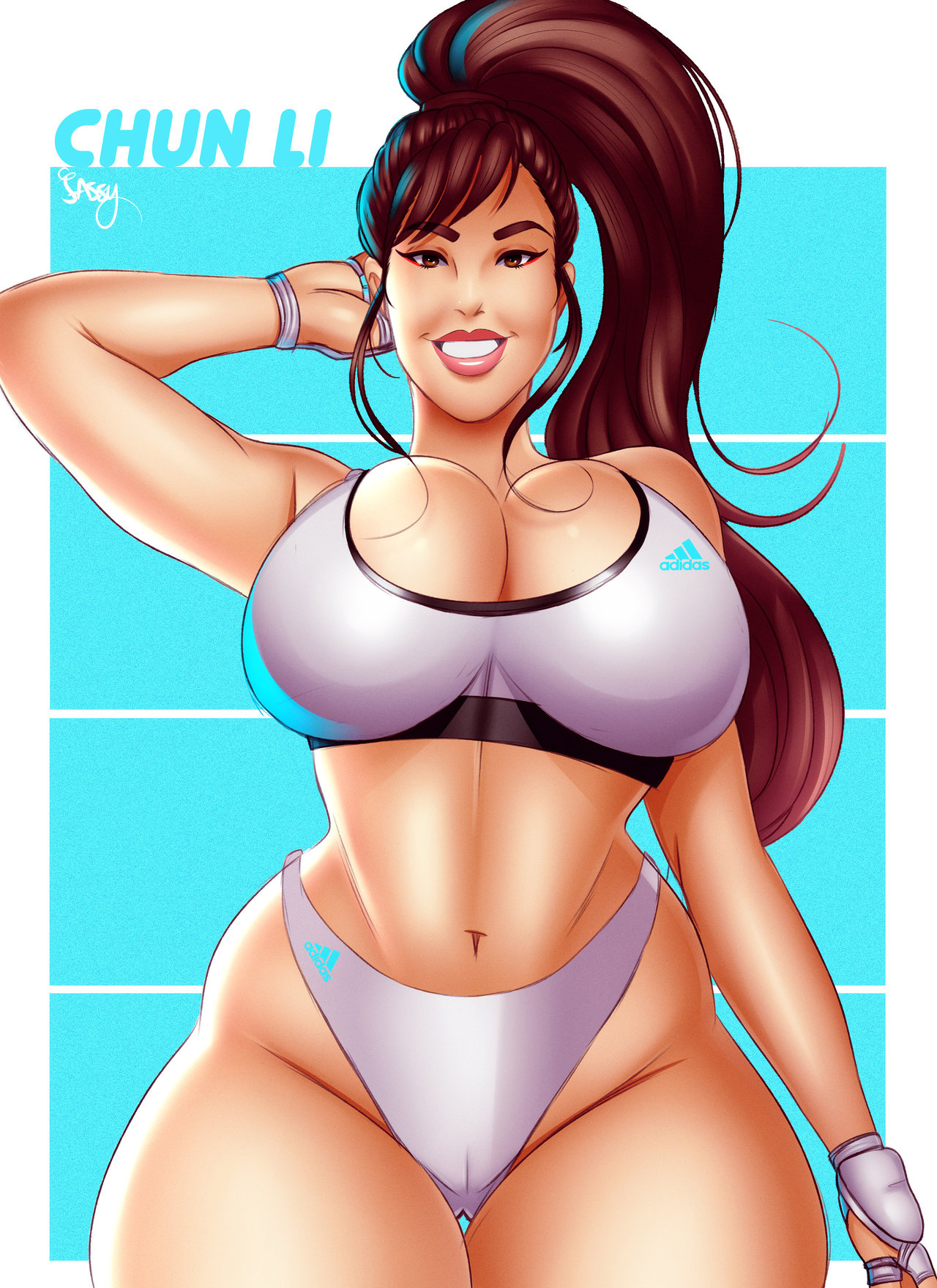 1girl adidas alternate_costume artist_logo breasts brown_eyes brown_hair cameltoe capcom chun-li cleavage curvy female_focus gloves grin highres huge_breasts jassycoco logo long_hair looking_at_viewer muscular navel ponytail smile solo street_fighter thick_lips thick_thighs thighs toned wide_hips