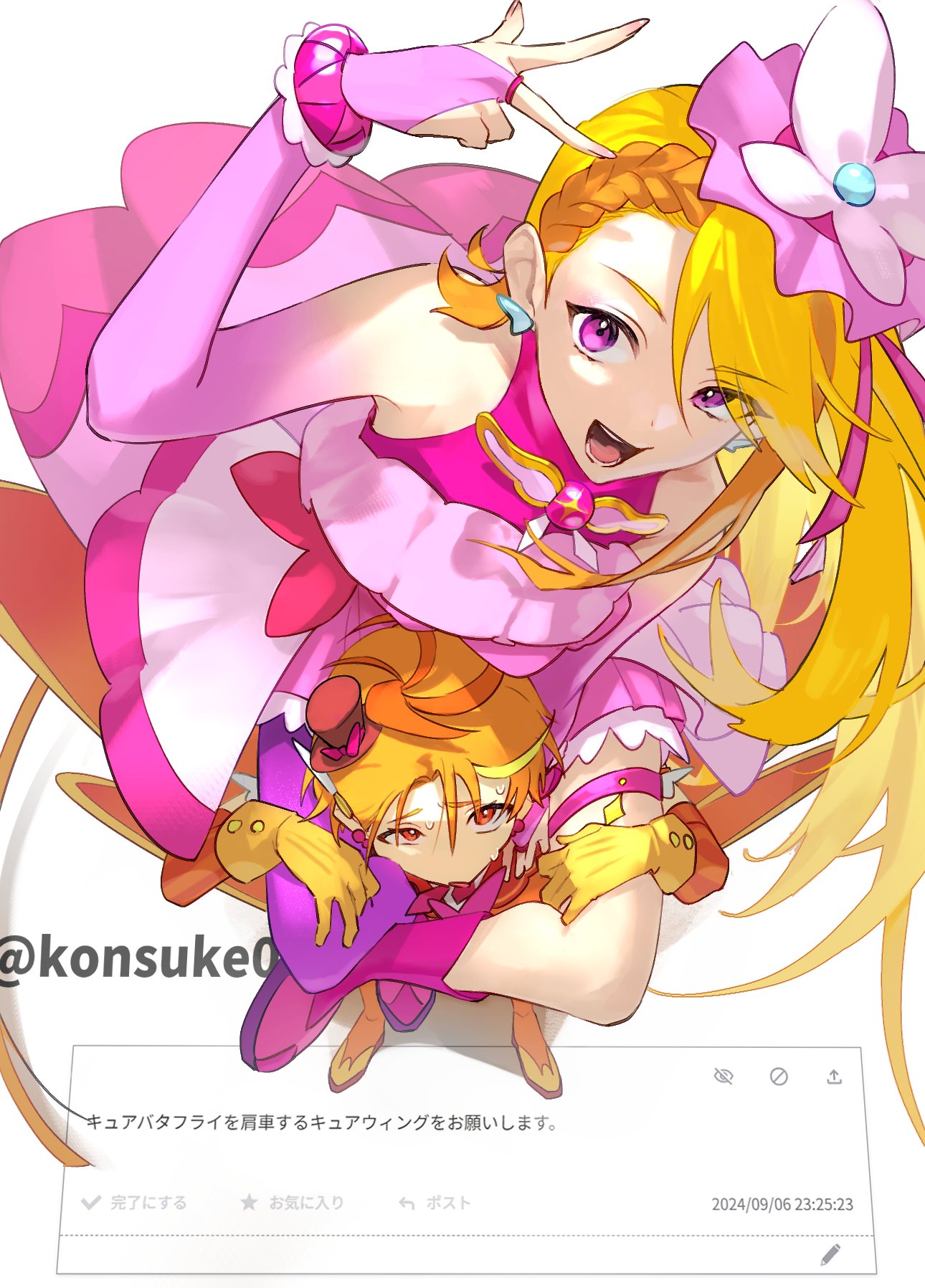 1boy 1girl belt_bow blonde_hair bow bow_skirt braid brooch butterfly_earrings butterfly_hat butterfly_hat_ornament cure_butterfly cure_wing earrings gloves hat hat_ornament highres hijiri_ageha hirogaru_sky!_precure jewelry konsuke0 long_hair looking_at_viewer magical_boy magical_girl midriff mini_hat mini_top_hat multicolored_hair navel open_mouth orange_gloves orange_hair overskirt pantyhose pink_skirt precure puffy_short_sleeves puffy_sleeves purple_eyes purple_pantyhose red_eyes short_sleeves single_leg_pantyhose skirt smile top_hat very_long_hair wing_brooch yuunagi_tsubasa