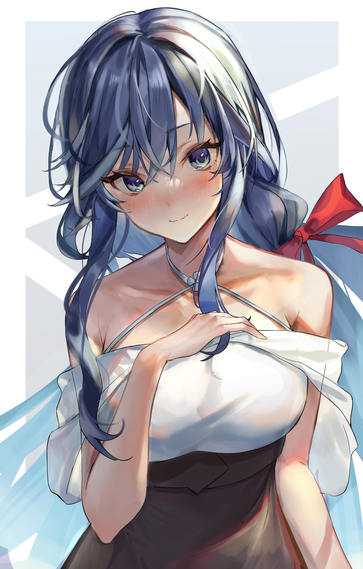 1girl azur_lane bare_shoulders biloxi_(azur_lane) biloxi_(romeo_or_juliet?)_(azur_lane) blue_eyes blue_hair breasts halterneck highres kabi_(zcwd8845) large_breasts looking_at_viewer off_shoulder official_alternate_costume sidelocks simple_background upper_body