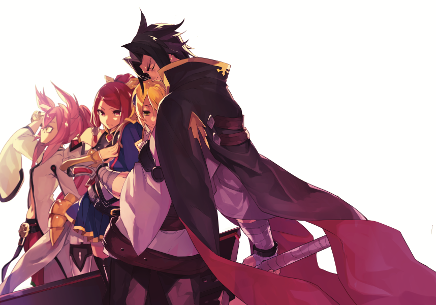 1boy 3girls animal_ears arc_system_works armor armored_dress bandages bare_shoulders black_hair blazblue blazblue:_chronophantasma blonde_hair candy cape capelet cat_ears closed_eyes dress food glasses green_eyes hair_ornament hug hug_from_behind hyakuhachi_(over3) izayoi_(blazblue) kagura_mutsuki kokonoe_(blazblue) lab_coat lollipop long_hair miniskirt multiple_girls noel_vermillion pantyhose pink_hair ponytail red_eyes red_hair shiny_clothes shiny_skin short_hair skirt sword thighhighs tsubaki_yayoi weapon yellow_eyes