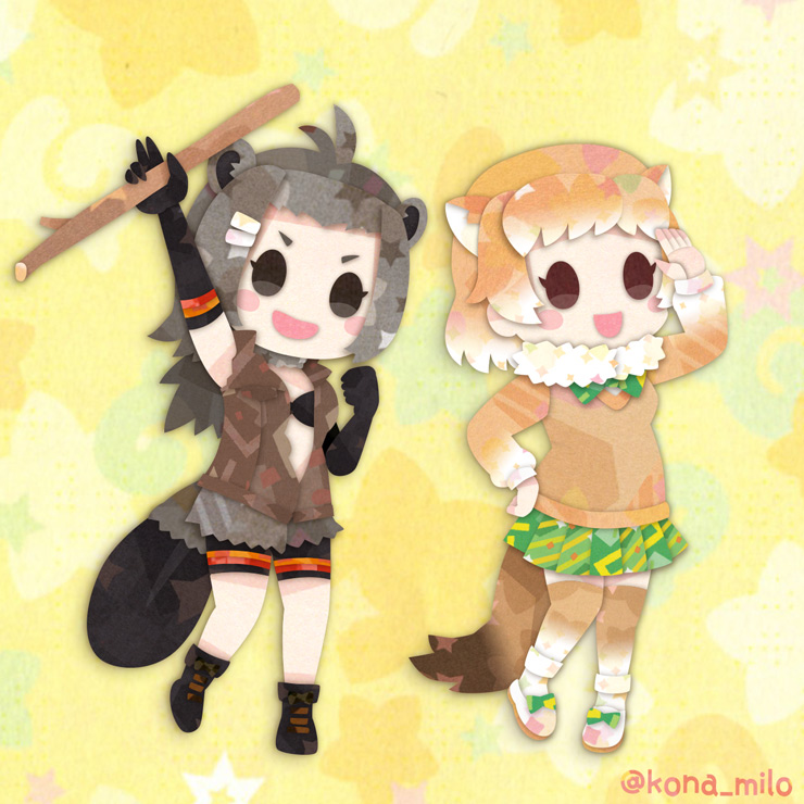 2girls american_beaver_(kemono_friends) animal_ears black-tailed_prairie_dog_(kemono_friends) brown_eyes brown_hair elbow_gloves extra_ears gloves grey_hair jacket kemono_friends kikuchi_milo kneehighs long_hair multiple_girls open_mouth shoes short_hair shorts simple_background skirt socks sweater tail