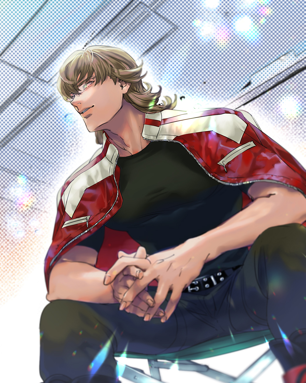 1boy arms_on_knees barnaby_brooks_jr. belt belt_buckle black_belt black_shirt blonde_hair buckle commentary feet_out_of_frame fence from_below glasses green_eyes highres interlocked_fingers jacket jacket_on_shoulders lens_flare looking_to_the_side male_focus mamemo_(daifuku_mame) multicolored_jacket own_hands_together rimless_eyewear shirt sitting solo spread_legs studded_belt tiger_&amp;_bunny undershirt unzipped zipper