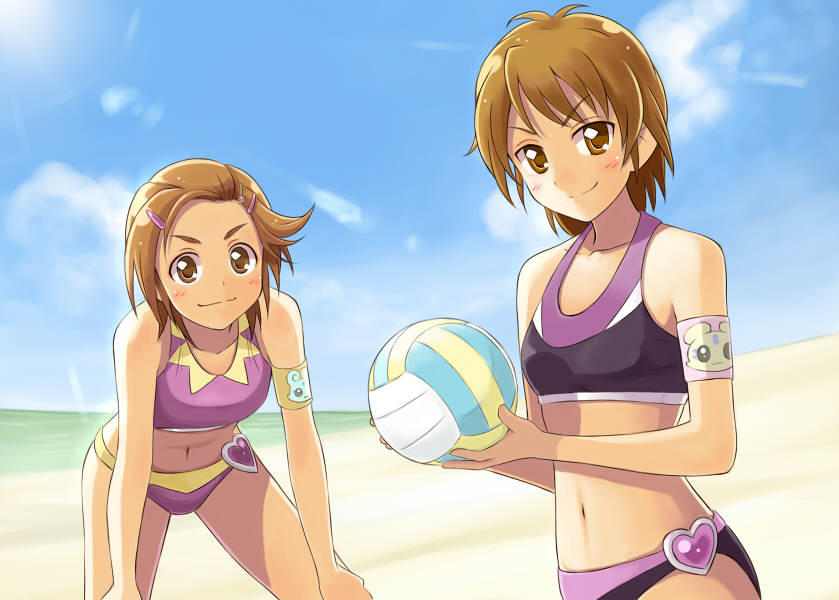 00s 2girls ball beach beach_volleyball bikini brown_eyes brown_hair crossover day flappy futari_wa_precure futari_wa_precure_splash_star hair_ornament hyuuga_saki matching_hair/eyes mepple misumi_nagisa multiple_girls ocean precure satogo short_hair sports_bikini swimsuit tomboy volleyball volleyball_(object)