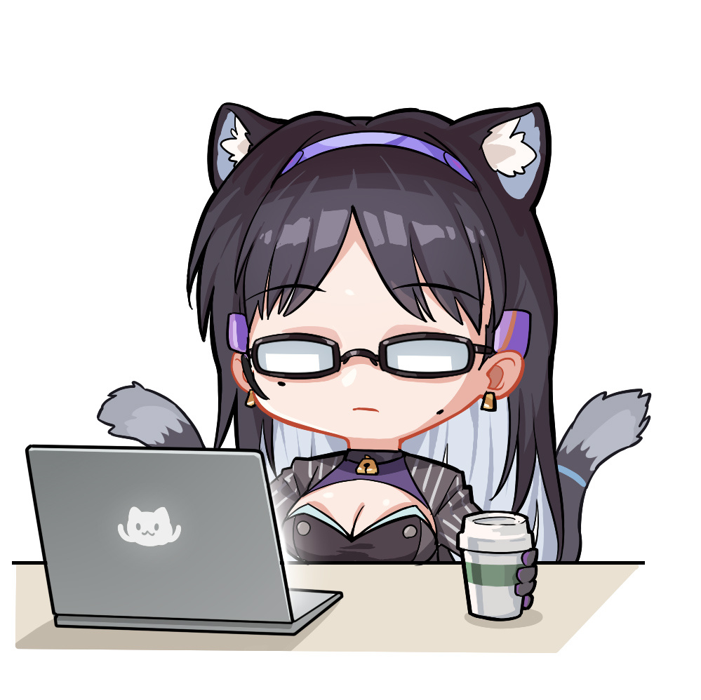 1girl animal_ears artist_request black_hair cat_ears cat_girl cat_tail chibi chibi_only chinese_commentary computer cup disposable_cup dress fang girls&#039;_frontline girls&#039;_frontline_neural_cloud glasses hair_intakes headset inola_(neural_cloud) laptop mole mole_under_eye official_art pinstripe_dress pinstripe_pattern purple_bodystocking screen_light second-party_source skin_fang solo tail tongue tongue_out