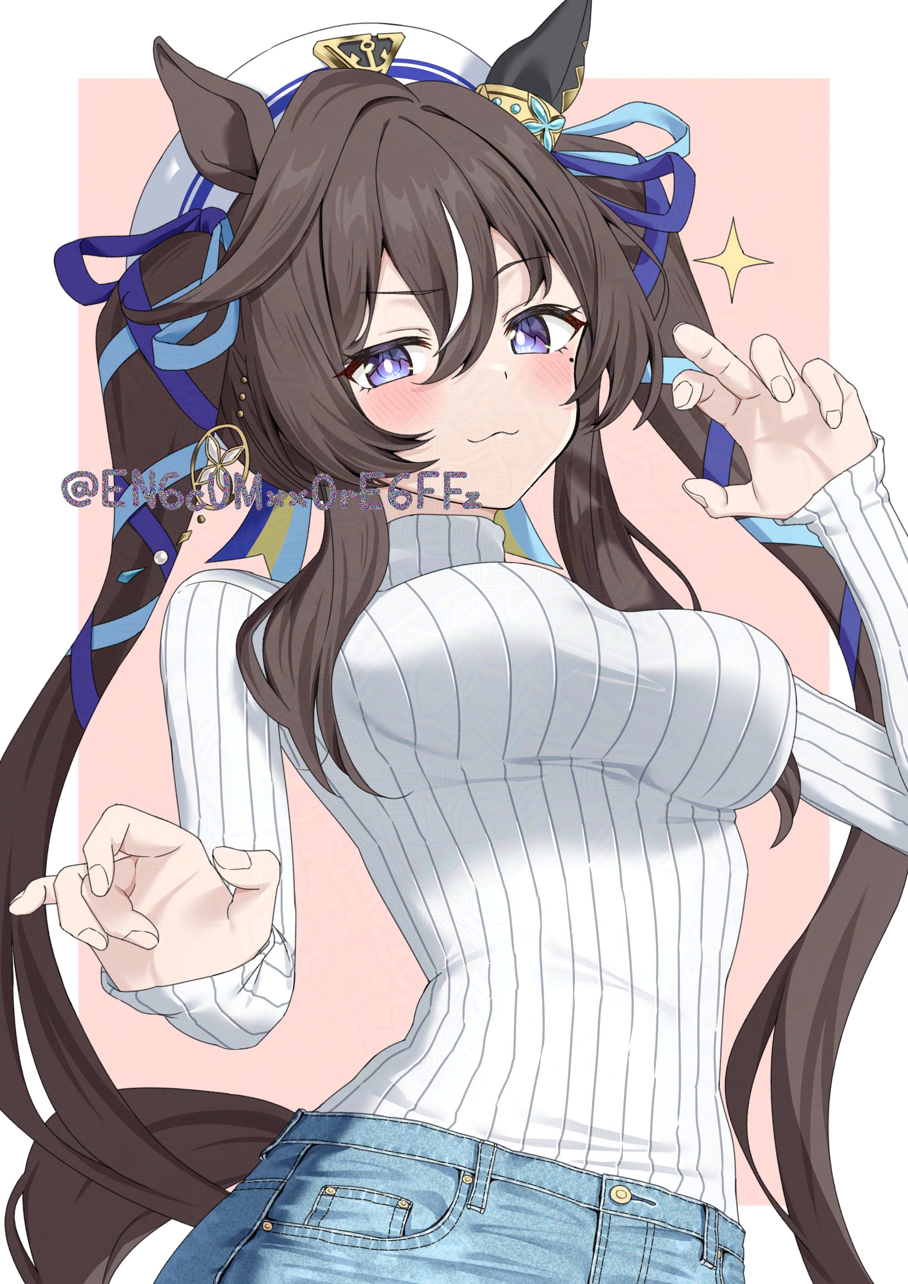 1girl :3 absurdres adversarial_noise alternate_costume animal_ears blue_eyes blue_pants blue_ribbon blush border breasts bright_pupils brown_hair brown_tail casual closed_mouth commentary denim ear_covers earrings fingernails four-pointed_star hair_between_eyes hair_ribbon hand_up hat highres horse_ears horse_girl horse_tail jeans jewelry large_breasts long_hair long_sleeves looking_at_viewer mole mole_under_eye multicolored_hair orange_background outside_border pants ribbed_sweater ribbon sailor_hat single_ear_cover single_earring single_hair_streak sleeves_past_wrists smile solo star_(symbol) sweater sweater_tucked_in tail turtleneck turtleneck_sweater twintails twitter_username two-tone_hair umamusume upper_body very_long_hair vivlos_(umamusume) wavy_hair white_border white_hair white_hat white_pupils white_streaks white_sweater yamano_rokamizu