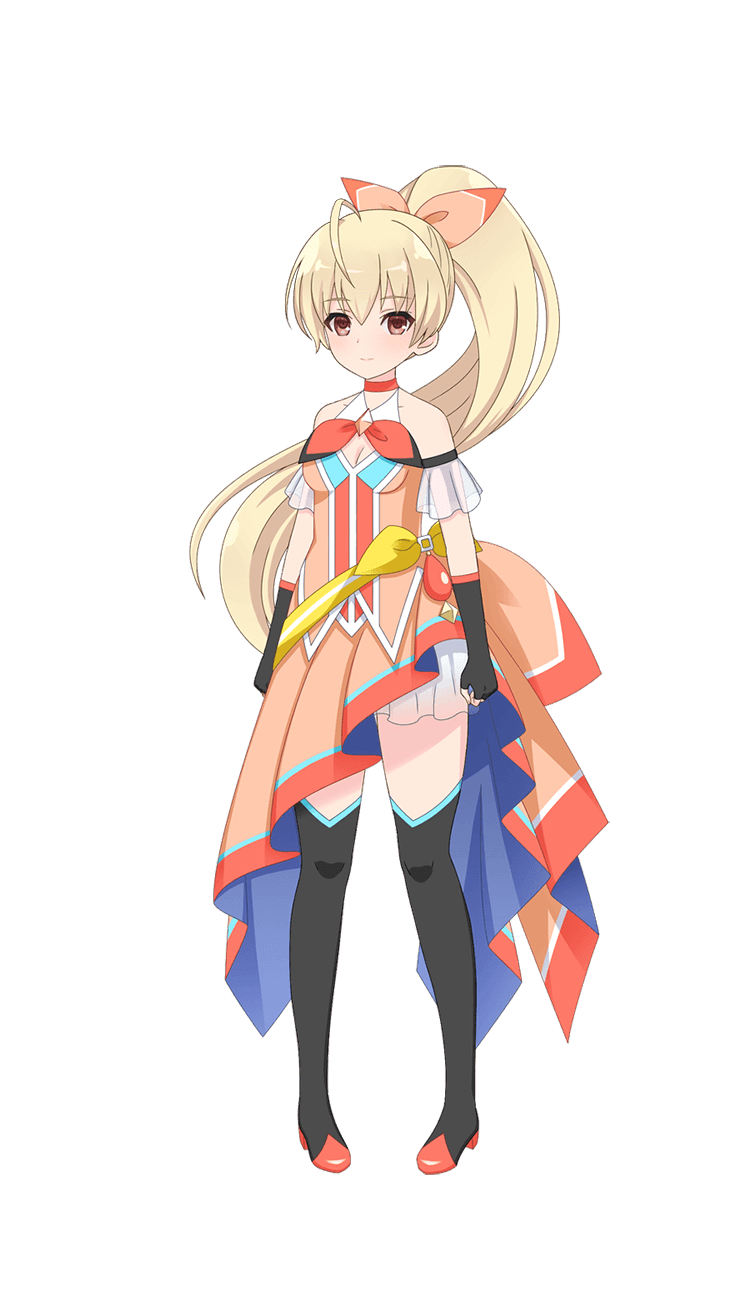1girl andou_tazusa assault_lily black_gloves black_thighhighs blonde_hair dress fingerless_gloves frilled_dress frills game_cg gloves hair_ornament highres magical_girl official_art red_eyes smile solo thighhighs white_background