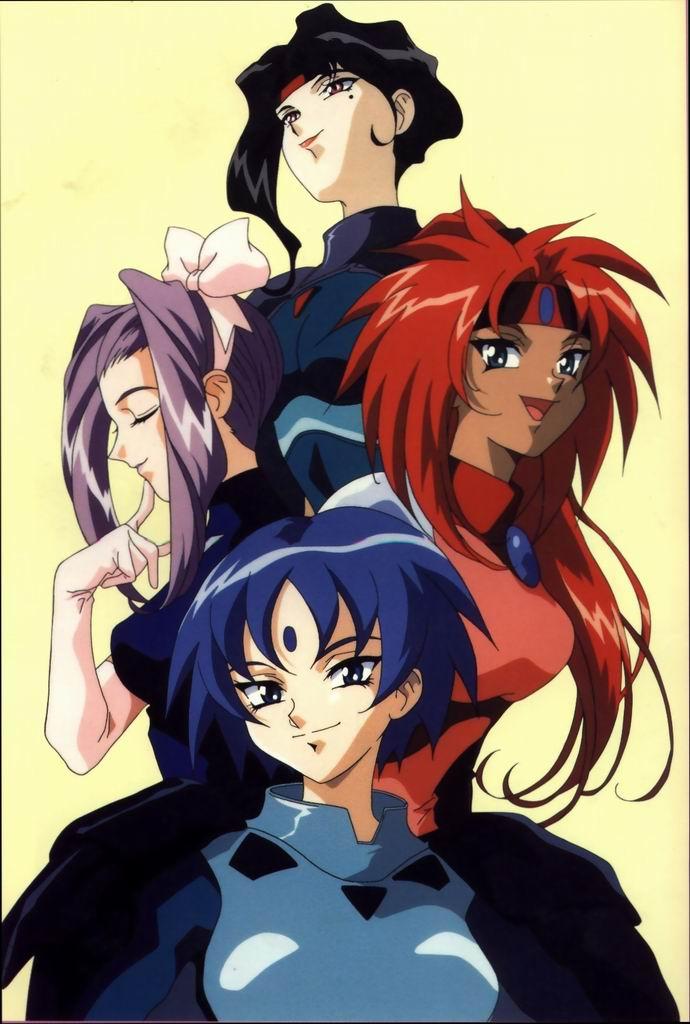 1990s_(style) 4girls afura_mann black_hair blue_eyes blue_hair bow closed_eyes dress el_hazard facepaint hair_bow hairband ishiel_soelu looking_at_viewer miz_mishtal mole mole_under_eye multiple_girls purple_hair red_hair retro_artstyle shayla-shayla short_hair smile upper_body yellow_background