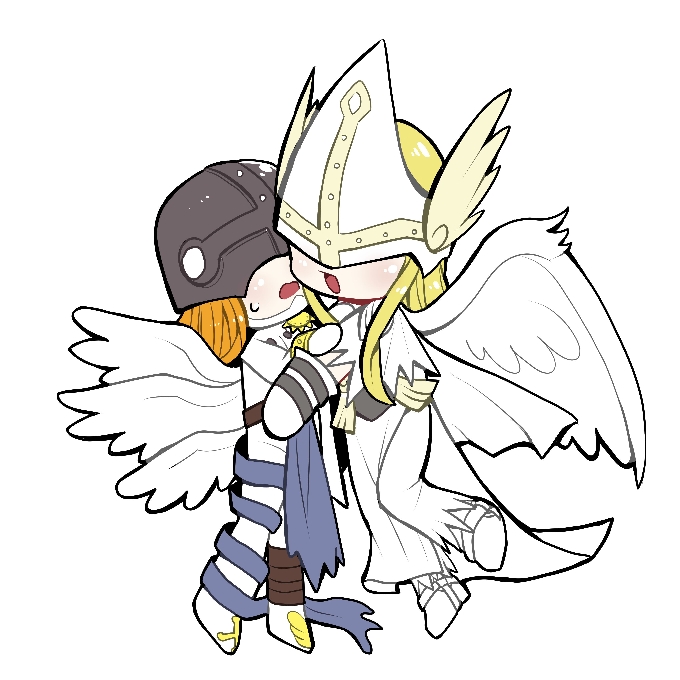 2boys angemon belt digimon digimon_(creature) holyangemon holyangemon_priest_mode long_hair mask multiple_boys orange_hair wings
