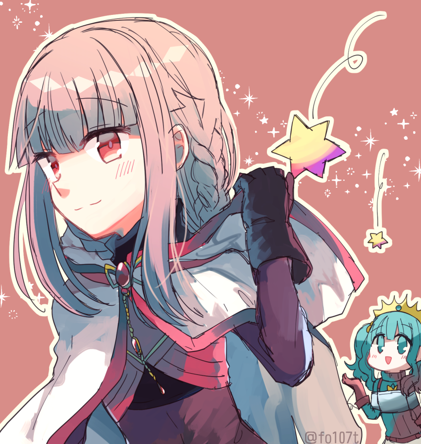 2girls :d aqua_hair aqua_sweater arm_at_side armor belt black_gloves blunt_bangs blush bodystocking braid breastplate brown_belt brown_gloves cloak closed_mouth crown futaba_sana gem gloves hand_up hexagram hood hood_down hooded_cloak long_sleeves magia_record:_mahou_shoujo_madoka_magica_gaiden magical_girl mahou_shoujo_madoka_magica medium_hair multiple_girls navel open_mouth outline pink_background pink_eyes pink_gemstone pink_hair side_braids sidelocks smile sparkle split_mouth star_(symbol) sweater tamaki_iroha totte turtleneck turtleneck_crop_top turtleneck_sweater twintails twitter_username wavy_hair white_cloak white_outline