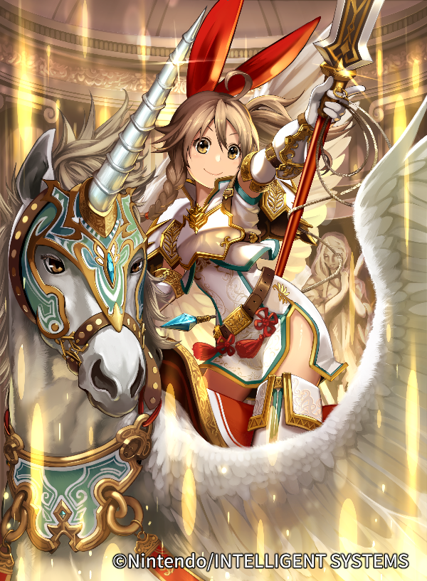 1girl ahoge armor boots bow braid brown_hair company_name emma_(fire_emblem) feathered_wings fire_emblem fire_emblem_cipher fire_emblem_echoes:_shadows_of_valentia gloves i-la lance long_hair nintendo official_art orange_eyes pegasus pegasus_knight_uniform_(fire_emblem) polearm ponytail smile spear statue thigh_boots thighhighs weapon wings zettai_ryouiki