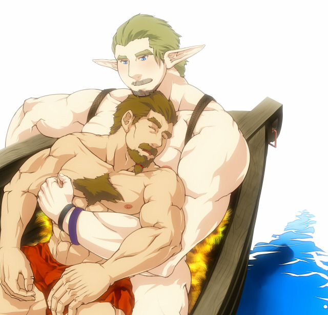 2boys abs bara beard blush body_fur brown_hair cheekbones chin_rest couple elf facial_hair goatee head_on_head head_rest higemorigen interspecies male_focus mature_male multiple_boys muscular muscular_male mustache nipples original pectoral_pillow pointy_ears short_hair size_difference sleeping sleeping_on_person smile thick_eyebrows thick_mustache tied_beard topless_male yaoi