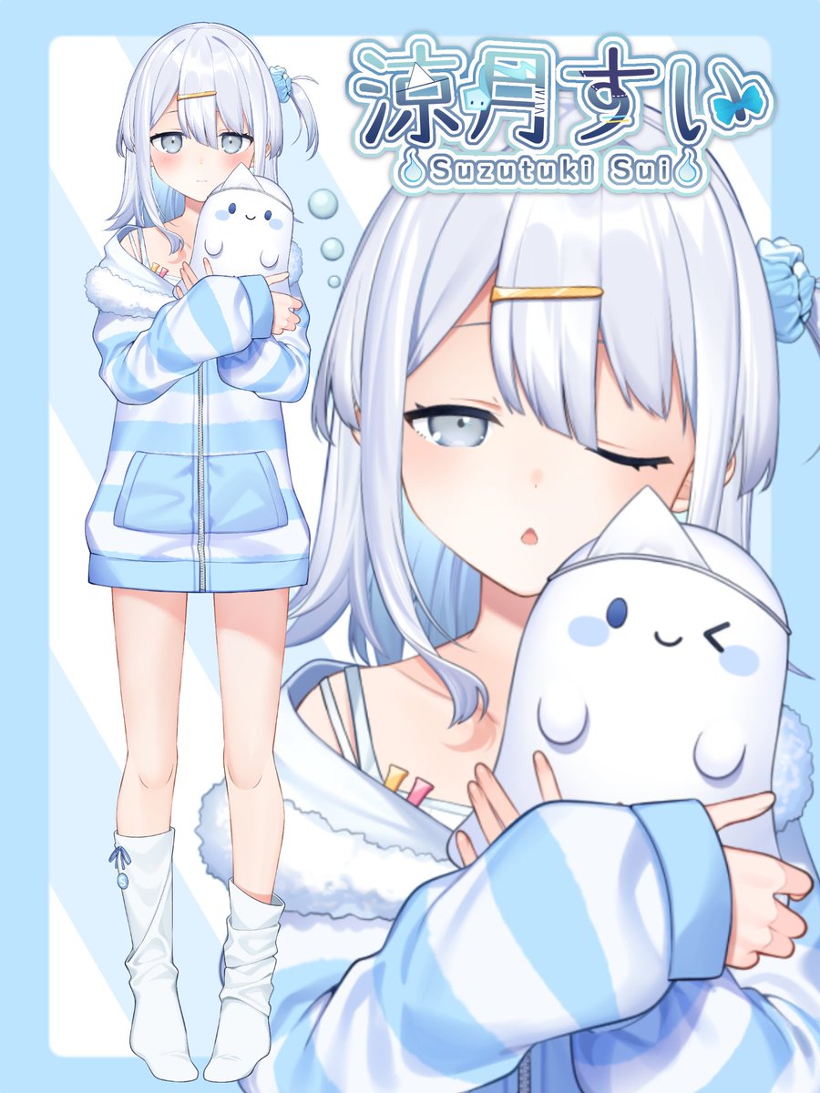 1girl blue_hair blue_hoodie blue_theme camisole character_name chestnut_mouth colored_inner_hair commentary_request full_body grey_eyes grey_hair hair_between_eyes hair_ornament hairclip highres holding hood hoodie logo long_sleeves mishima_kurone multicolored_hair official_alternate_costume official_alternate_hairstyle official_art one_eye_closed one_side_up second-party_source sleeves_past_wrists socks standing striped_clothes striped_hoodie suzutuki_sui suzutuki_sui_(2nd_costume) varium virtual_youtuber white_camisole white_hoodie white_socks zipper zoom_layer