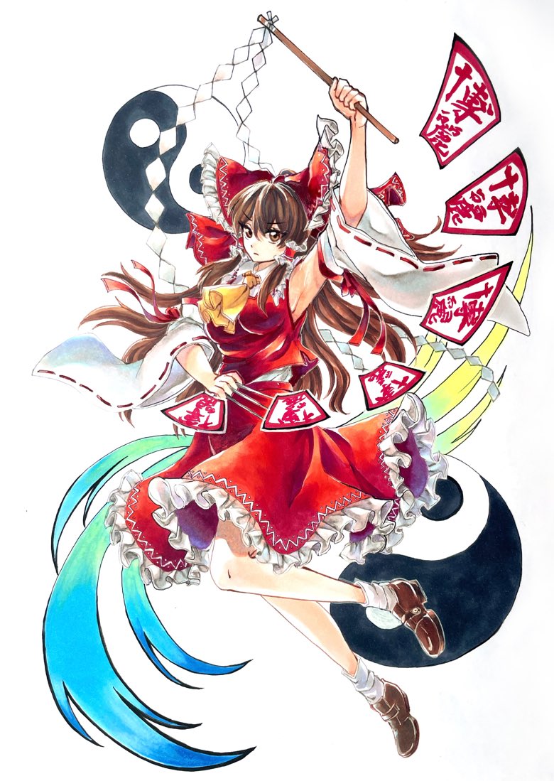 1girl armpits ascot bow breasts brown_eyes brown_hair detached_sleeves frilled_bow frilled_hair_tubes frills ghmfly8_(mitou) gohei hair_bow hair_tubes hakurei_reimu large_breasts long_hair needle red_bow red_ribbon red_skirt ribbon ribbon-trimmed_sleeves ribbon_trim sideboob skirt skirt_set solo throwing_needles touhou traditional_media yellow_ascot yin_yang
