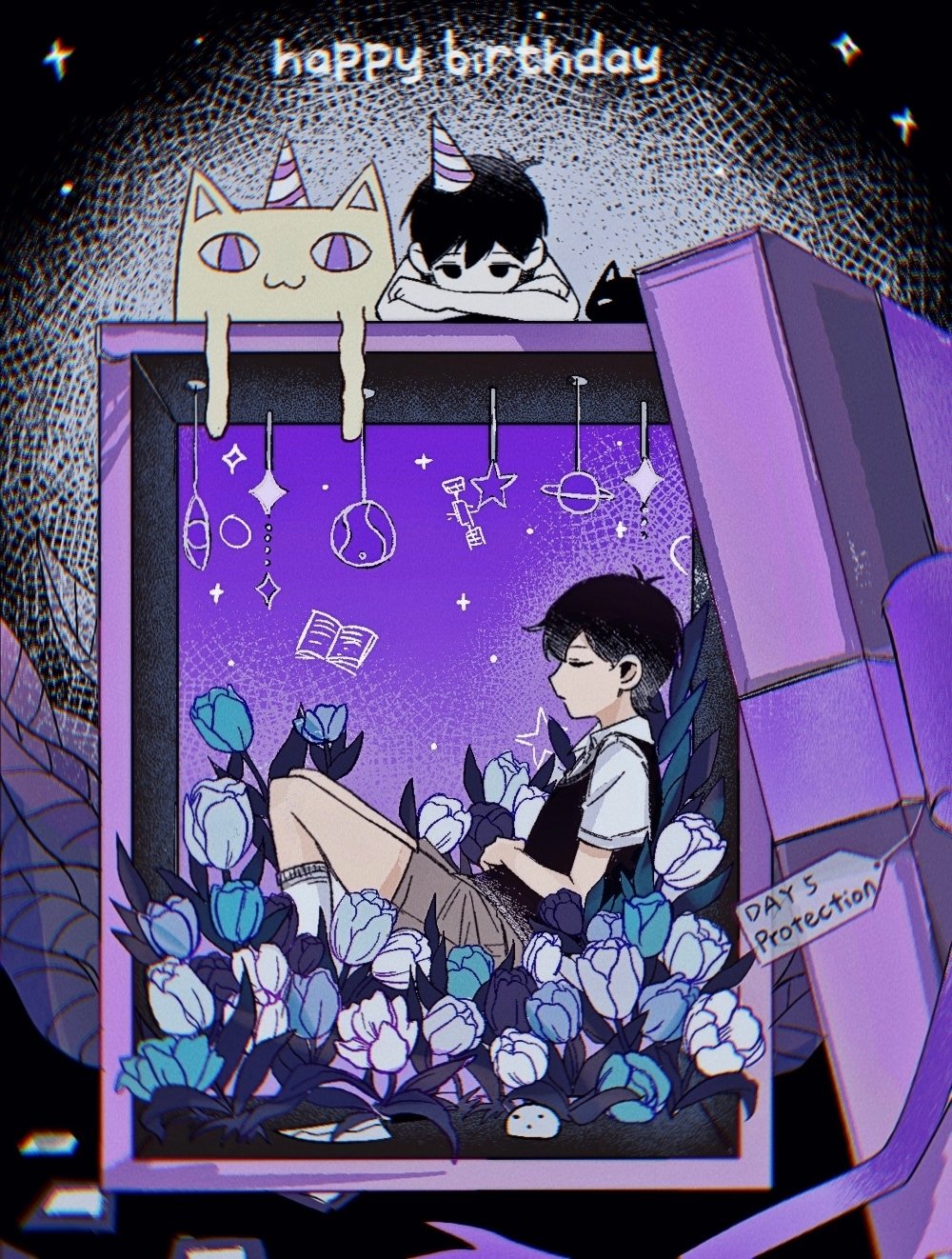 2boys big_yellow_cat_(omori) black_eyes black_hair black_sweater_vest blue_flower blue_tulip brown_shorts cat closed_eyes collared_shirt colored_skin crossed_arms flower happy_birthday hat highres looking_at_another mewo multiple_boys niu_tata omori omori_(omori) party_hat shirt short_hair shorts sitting socks sunny_(omori) sweater_vest tulip white_shirt white_skin white_socks