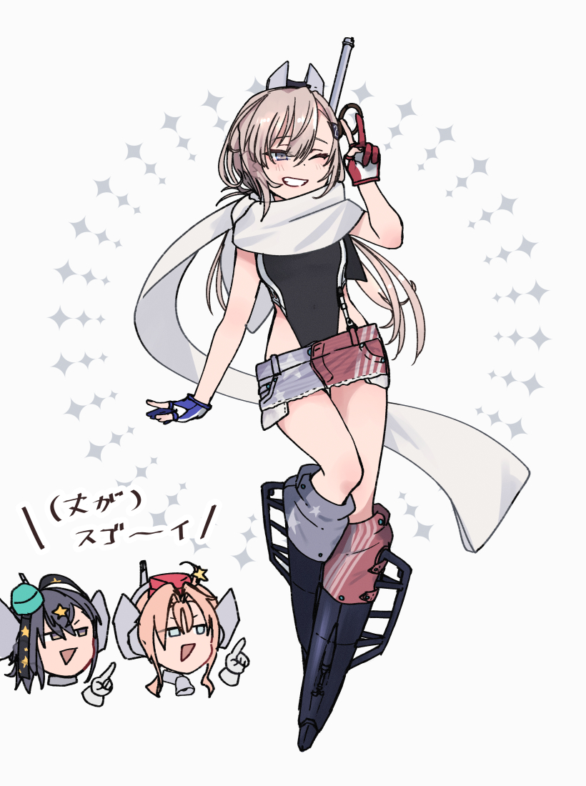3girls american_flag american_flag_print american_flag_skirt annin_musou aqua_hat bell black_one-piece_swimsuit black_ribbon collar commentary_request denim denim_skirt drum_(kancolle) flag_print garrison_cap gloves grey_eyes grey_hair hair_ornament hand_up hat headgear highleg highleg_one-piece_swimsuit kantai_collection long_hair looking_at_viewer metal_collar multiple_girls neck_bell one-piece_swimsuit one_eye_closed partially_fingerless_gloves print_skirt red_hat ribbon scamp_(kancolle) scarf skirt star_(symbol) star_hair_ornament swimsuit translation_request two-tone_one-piece_swimsuit v wahoo_(kancolle) white_scarf