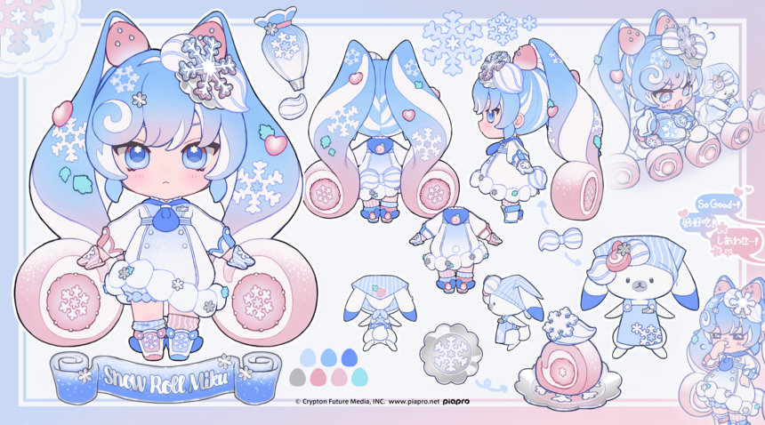 1girl :&lt; @_@ animal animal_ears apron arrow_(symbol) asymmetrical_footwear asymmetrical_gloves blue_apron blue_boots blue_eyes blue_mittens blue_socks boots cake character_name chibi chibi_only chinese_text closed_eyes commentary concept_art copyright_logo dress english_commentary english_text flying_sweatdrops food food-themed_hair from_behind from_side fruit gloves gradient_hair hair_ornament hand_on_own_hip hatsune_miku headscarf heart heart_hair_ornament long_hair looking_at_viewer mismatched_footwear mismatched_gloves mismatched_socks mittens mixed-language_commentary multicolored_hair multiple_views oohhya pastry_bag plate rabbit rabbit_yukine red_boots red_mittens red_socks reference_sheet rubbing_nose snowflake_print socks speech_bubble strawberry strawberry_swiss_roll striped_clothes striped_mittens striped_socks swiss_roll tenugui twintails two-tone_hair vertical-striped_clothes vertical-striped_socks very_long_hair vocaloid whipped_cream white_dress yuki_miku yuki_miku_(2026)_(candidate_no.4)