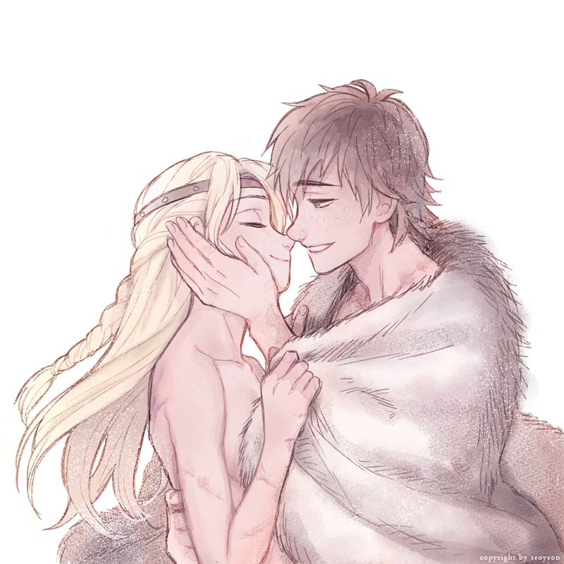 1boy 1girl arm_around_waist astrid_hofferson blanket blonde_hair blue_eyes braid brown_hair closed_eyes couple from_side fur_blanket green_eyes grin hairband happy headband hiccup_horrendous_haddock_iii how_to_train_your_dragon:_the_hidden_world how_to_train_your_dragon_(series) how_to_train_your_dragon_1 husband_and_wife imminent_kiss long_hair noses_touching seoyeon short_hair simple_background smile upper_body white_background wrapped