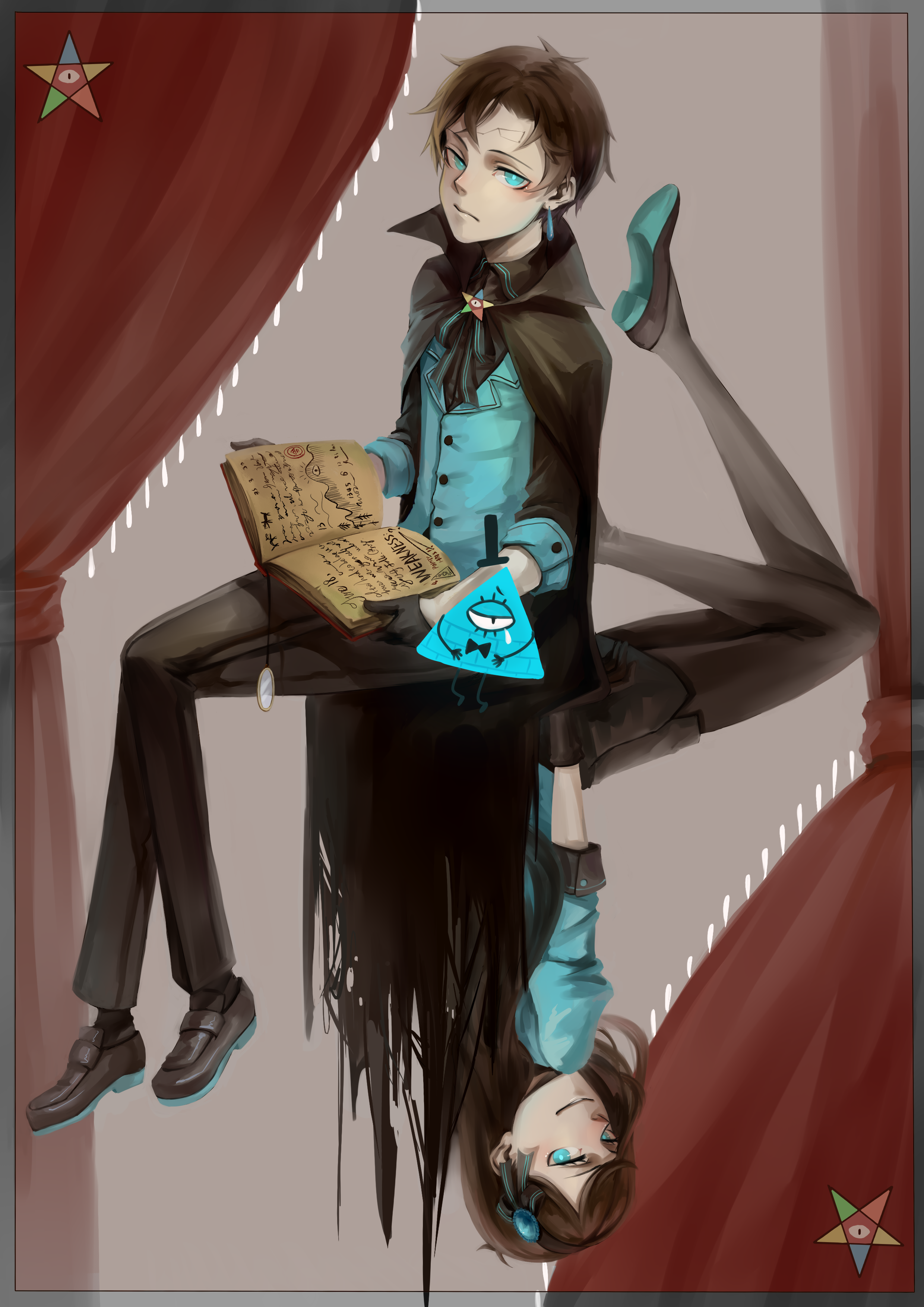 1boy 1girl absurdres aqua_eyes aqua_vest ascot bill_cipher book brooch brother_and_sister brown_hair cape card_(medium) collared_shirt dark_persona dipper_gleeful dipper_pines earrings facial_mark forehead_mark formal_clothes gem glowing_jewelry gravity_falls hair_ornament hairband highres jewelry long_hair mabel_gleeful mabel_pines mr.c_(bchana) pantyhose pencil_skirt pentagram shirt short_hair siblings side-by-side skirt swept_bangs twins upside-down vest will_cipher