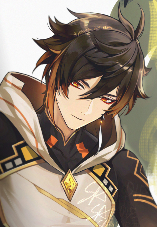 1boy antenna_hair brown_hair closed_mouth colored_skin diamond-shaped_pupils diamond_(shape) earrings expressionless eyeliner gem genshin_impact gradient_hair hair_between_eyes hood hood_down hooded_robe jewelry looking_at_viewer male_focus multicolored_hair orange_eyes orange_hair red_eyeliner rex_lapis_(genshin_impact) robe rokuon single_earring solo symbol-shaped_pupils tassel tassel_earrings twitter_username white_robe zhongli_(archon)_(genshin_impact) zhongli_(genshin_impact)