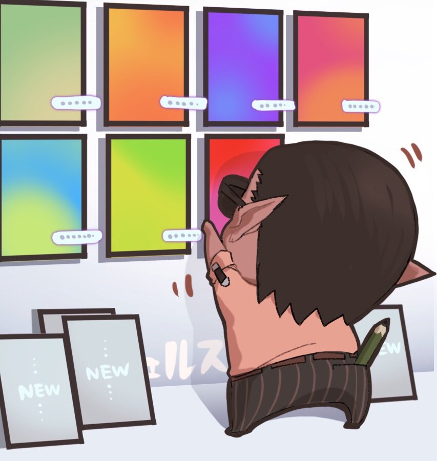 1boy brown_hair chibi from_behind glasses gwelu_os_gar jip male_focus motion_lines nijisanji pants pencil shirt solo virtual_youtuber