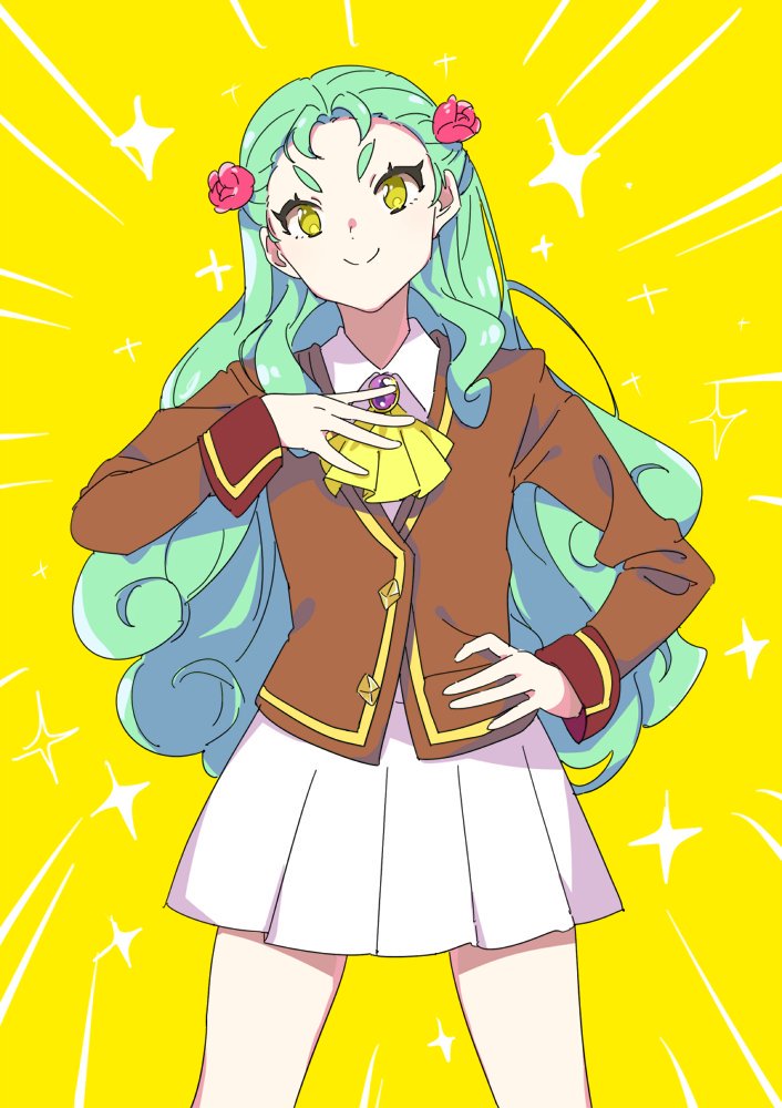 1girl aikatsu!_(series) aikatsu_stars! ascot bad_id bad_twitter_id brown_jacket closed_mouth collared_shirt cowboy_shot flower hair_flower hair_ornament hand_on_own_hip hand_up jacket long_hair long_sleeves looking_at_viewer naruse_ayumi_(aikatsu!) pink_flower pleated_skirt school_uniform shiontaso shirt skirt smile solo standing v-shaped_eyebrows white_skirt yellow_ascot yellow_background