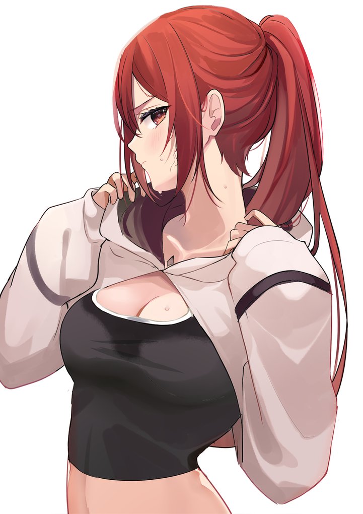 1girl black_shirt blush breasts cleavage closed_mouth crop_top cropped_hoodie glaring hair_between_eyes holding_hoodie hood hoodie long_hair long_sleeves looking_at_viewer medium_breasts neck original ponytail red_eyes red_hair ry_thae shirt sidelocks solo upper_body white_background white_hoodie