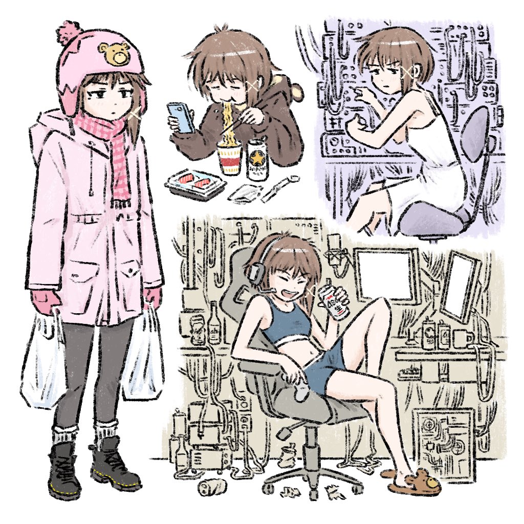 asymmetrical_hair bag black_boots boots brown_eyes brown_hair can cellphone computer food hair_ornament hat headset iwakura_lain monitor neet noodles pajamas phone ramen scarf serial_experiments_lain shopping_bag slippers smartphone tagme truffleduster white_background x_hair_ornament