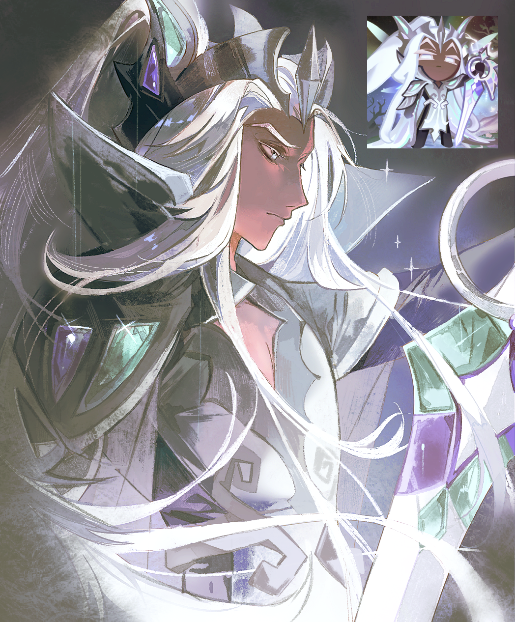 1boy armor closed_mouth cookie_run cookie_run:_kingdom curtained_hair dark-skinned_male dark_skin elder_faerie_cookie frown grey_background highres humanization long_hair looking_ahead male_focus mystical_high_collar pauldrons profile reference_inset shoulder_armor solo sparkle tiara upper_body very_long_hair white_hair yingtaoyeye67417