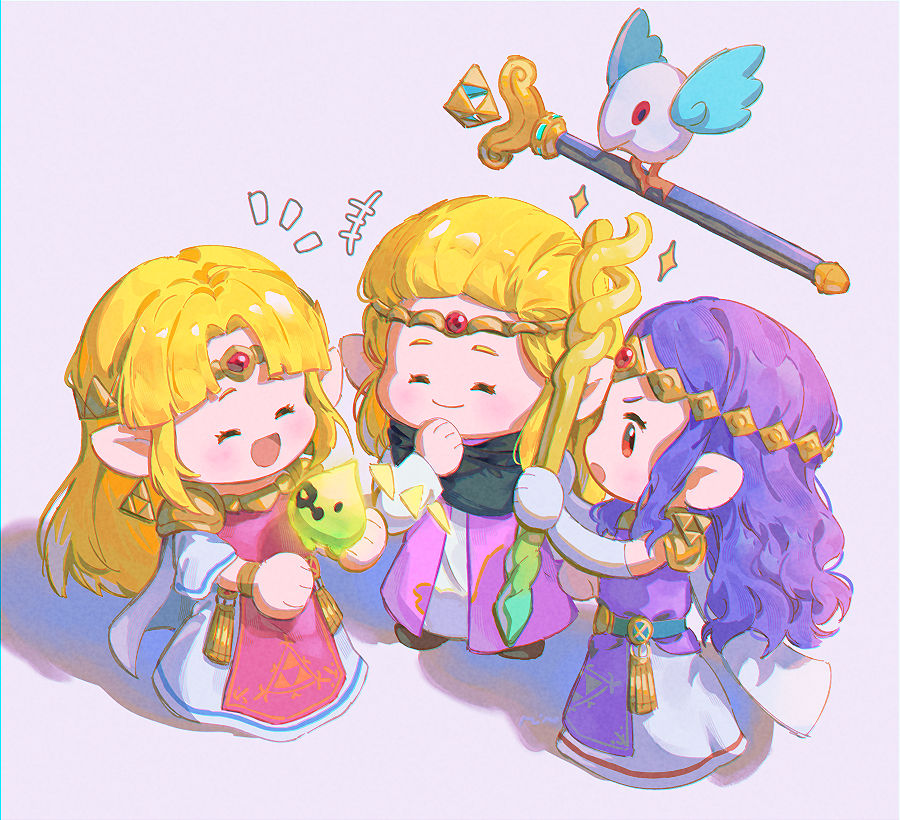 3girls chibi circlet cloak dress holding holding_staff in-franchise_crossover mage_staff multiple_girls multiple_persona nintendo open_mouth pointy_ears princess_hilda princess_zelda purple_hair rain_rkgk smile staff the_legend_of_zelda the_legend_of_zelda:_a_link_between_worlds the_legend_of_zelda:_a_link_to_the_past the_legend_of_zelda:_echoes_of_wisdom tri_(zelda) tri_rod