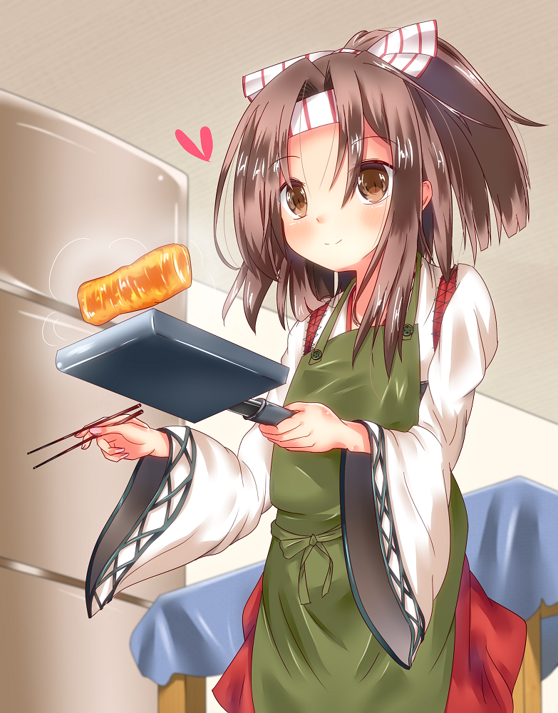 10s 1girl apron brown_eyes brown_hair chopsticks food frying_pan headband heart kantai_collection kona_matsu long_hair makiyakinabe omelet smile zuihou_(kancolle)