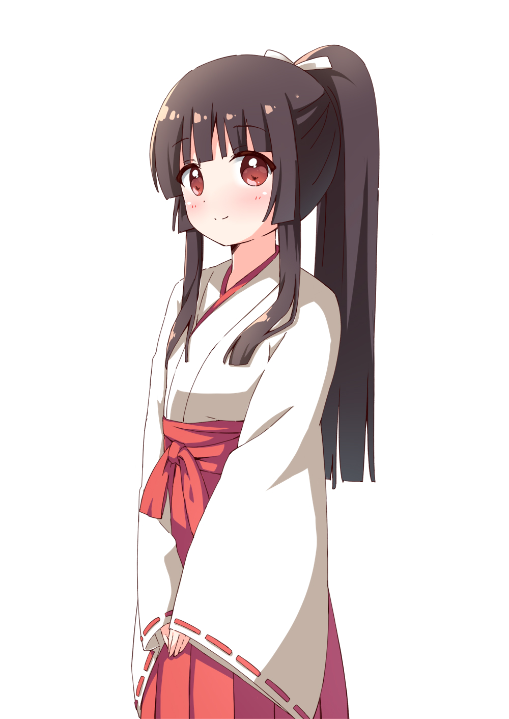 1girl black_hair blunt_bangs blunt_ends blush closed_mouth commentary_request cowboy_shot hair_ribbon hakama hakama_skirt haru_(konomi_150) highres hime_cut japanese_clothes kimono long_sleeves looking_at_viewer matsumoto_rise miko ponytail red_eyes red_hakama ribbon ribbon-trimmed_sleeves ribbon_trim sidelocks simple_background skirt sleeves_past_wrists smile solo standing white_background white_kimono white_ribbon yuru_yuri