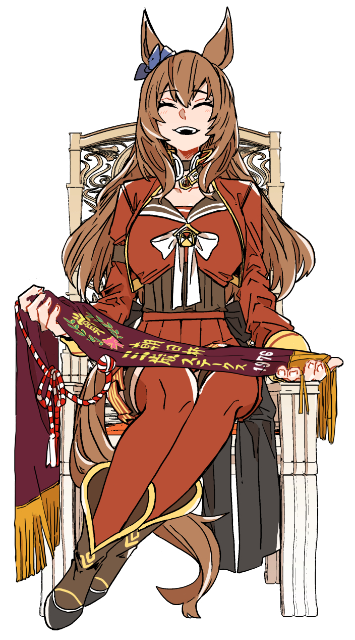 1girl animal_ears asuka_(junerabitts) blue_bow boots bow breasts brown_boots brown_hair closed_eyes commentary_request cropped_jacket ear_bow facing_viewer hair_between_eyes highres horse_ears horse_girl horse_tail jacket long_hair long_sleeves maruzensky_(umamusume) medium_breasts on_chair open_mouth pendant_choker pleated_skirt red_jacket red_serafuku red_skirt red_thighhighs school_uniform serafuku simple_background sitting skirt smile solo tail teeth thigh_strap thighhighs umamusume upper_teeth_only white_background
