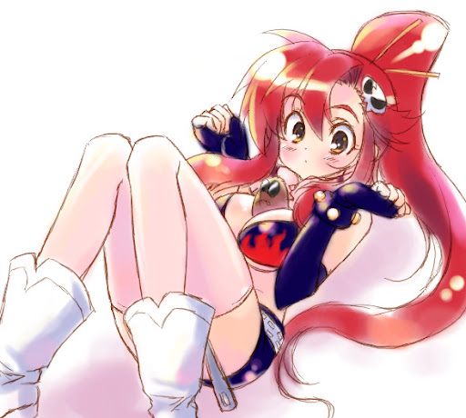 00s 1girl animal animal_between_breasts between_breasts bikini bikini_top_only boota_(ttgl) boots breasts fingerless_gloves gloves hair_ornament large_breasts long_hair pandaki_(aki) ponytail red_hair swimsuit tengen_toppa_gurren_lagann thighhighs yellow_eyes yoko_littner