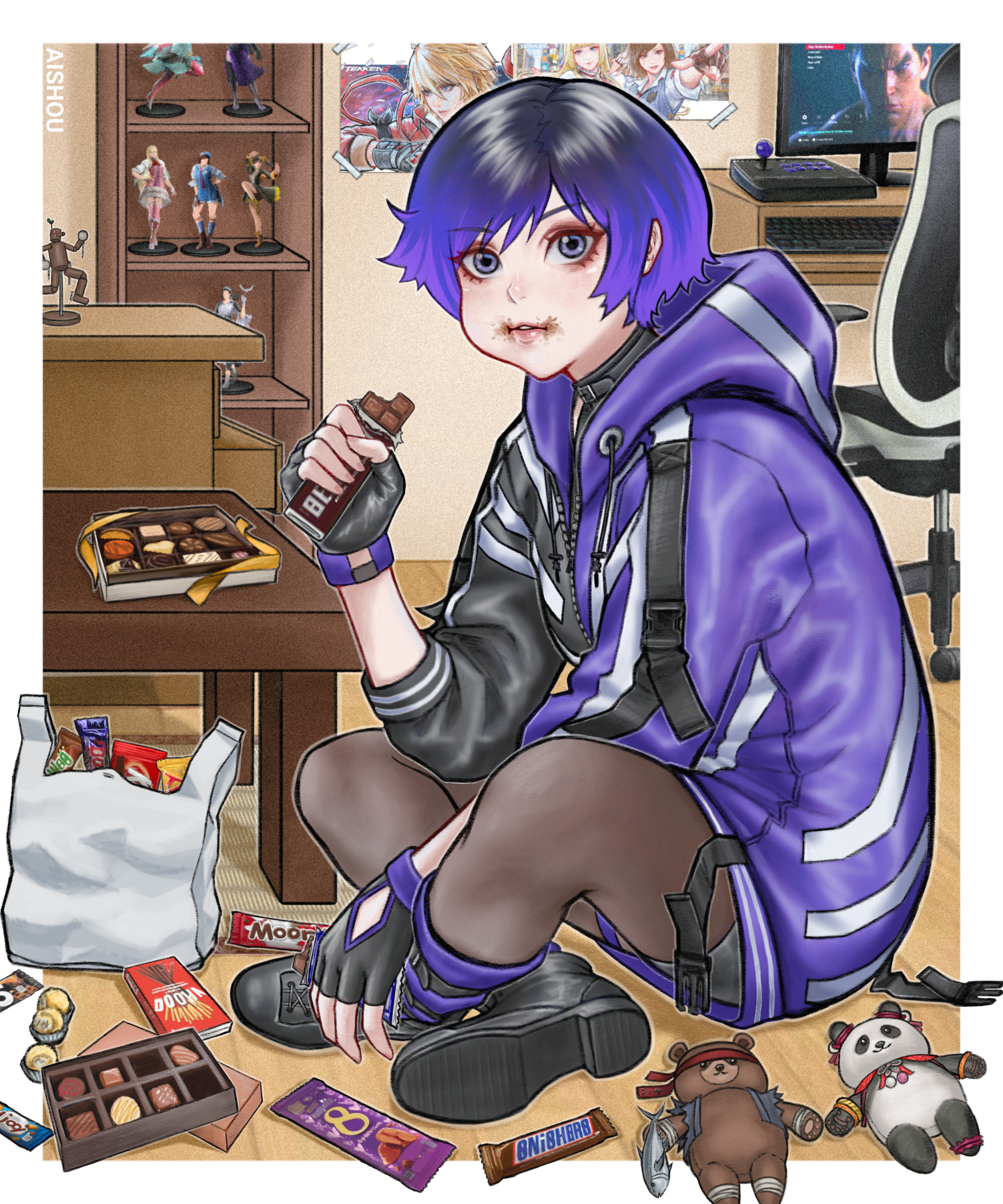 1girl absurdres ai_shou alisa_boskonovich arcade_stick artist_name bag black_hair brand_name_imitation cabinet candy candy_wrapper chair chocolate commentary computer_keyboard controller drawstring eating emilie_de_rochefort figure fingerless_gloves food food_on_face game_controller gloves highres hood hood_down hooded_jacket hoodie indian_style indoors jacket joystick kazama_asuka kazama_jun kitkat kuma_(tekken) ling_xiaoyu looking_at_viewer merchandise mishima_kazuya mokujin_(tekken) monitor multicolored_hair multicolored_jacket otaku otaku_room panda_(tekken) pantyhose partially_unwrapped_candy pocky poster_(object) purple_eyes purple_hair reina_(tekken) shopping_bag short_hair sitting snickers_(brand) stuffed_toy tape tekken tekken_8 video_game wrapped_candy zipper