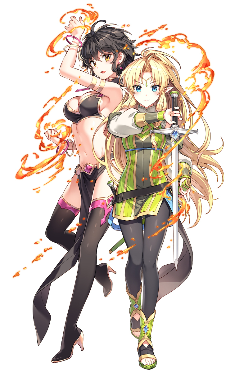 2girls arm_up armlet armpits bare_shoulders bikini black_bikini black_footwear black_hair black_pants blonde_hair blue_eyes boots dress fire full_body gold_trim green_dress groin high_heel_boots high_heels highres holding holding_sword holding_weapon isekai_cheat_magician jewelry long_hair looking_at_viewer magic midriff miyura_(isekai_cheat_magician) multiple_girls nardack navel official_art open_mouth orange_eyes pants pelvic_curtain pointy_ears remia_(isekai_cheat_magician) revealing_clothes short_hair sidelocks stomach swimsuit sword thigh_boots thighhighs thighs very_long_hair weapon