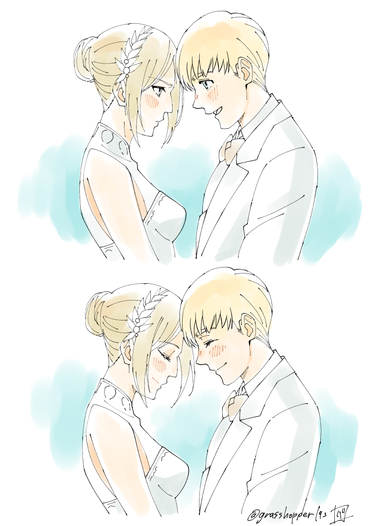 1boy 1girl annie_leonhart armin_arlert artist_name bare_shoulders blonde_hair blue_eyes blush bow bowtie breasts closed_eyes closed_mouth commentary_request dress formal_clothes grasshopper193 hair_bun hair_ornament hairband hetero looking_at_another multiple_views open_mouth shingeki_no_kyojin short_hair single_hair_bun sleeveless sleeveless_dress small_breasts suit twitter_username white_dress white_hairband white_suit