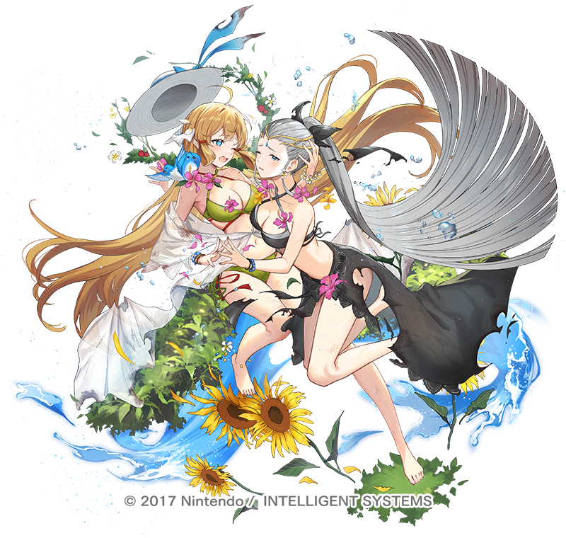2girls aqua_eyes bikini blonde_hair breasts circlet cleavage copyright_name criss-cross_halter eir_(fire_emblem) eir_(summer)_(fire_emblem) fire_emblem fire_emblem_heroes flower full_body grey_hair halterneck hand_on_another&#039;s_head hat holding_hands ichikawa_haru jumping leaf long_hair multiple_girls nintendo off_shoulder official_art one_eye_closed open_mouth ponytail sarong see-through_clothes see-through_shirt shirt simple_background standing standing_on_one_leg sunflower swimsuit torn_clothes torn_sarong unworn_hat unworn_headwear very_long_hair water whipping_hair white_background ymir_(fire_emblem_heroes) ymir_(summer)_(fire_emblem_heroes)