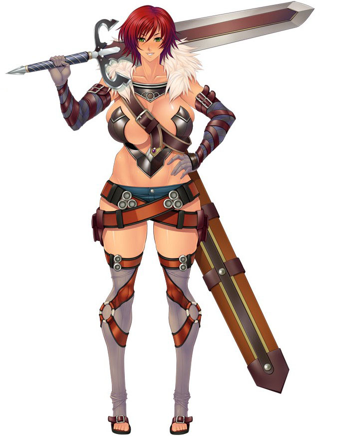 1girl asagiri ayes bellona_seianus breasts female_focus full_body green_eyes large_breasts lilith-soft onna_kentoushi_minerva_monster_colosseum red_hair simple_background solo warrior white_background