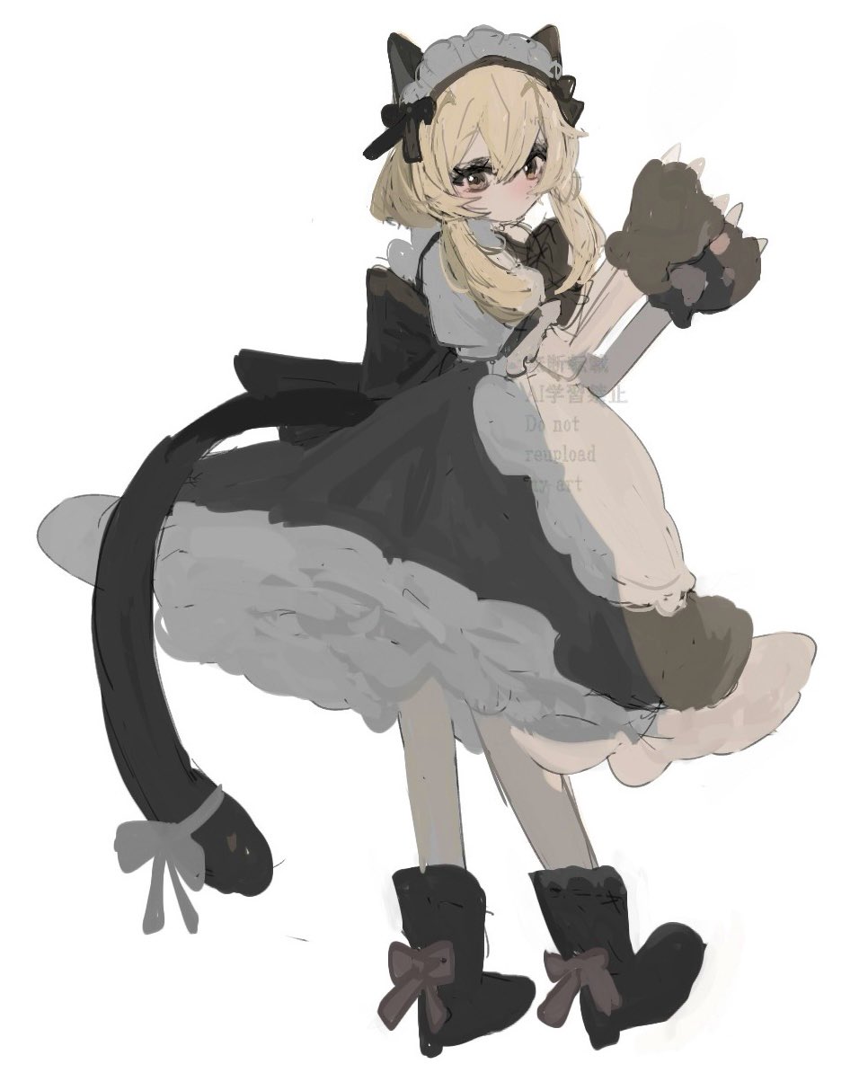 1girl a_umanee animal_ears apron blonde_hair brown_eyes cat_ears fake_animal_ears fake_tail from_side full_body long_hair maid_apron maid_headdress original solo tail waist_apron white_background