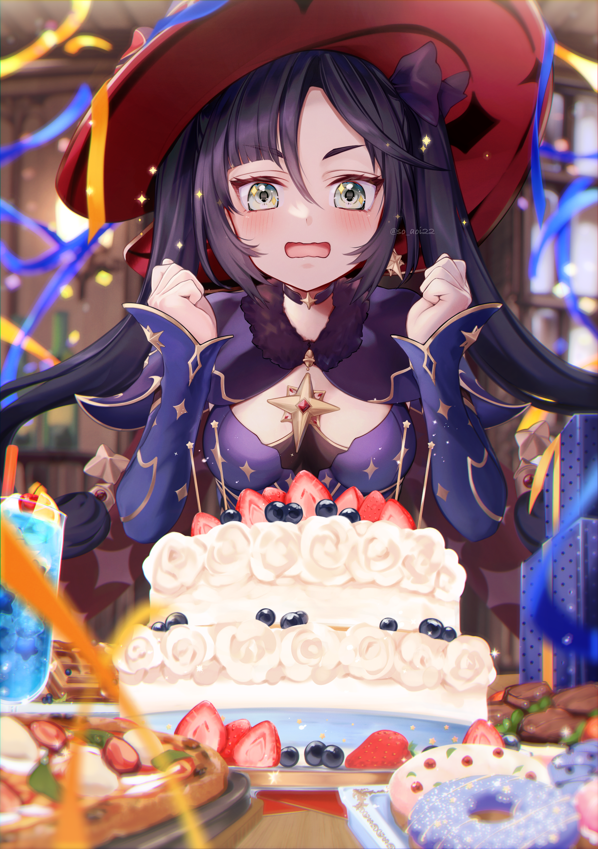 1girl absurdres asahi_(vjss4548) birthday_cake black_choker black_hair blueberry blurry blurry_background blush bottle box breasts brooch cake choker clenched_hands confetti cup donut drinking_glass earrings floating_hair food fruit fur_collar genshin_impact gift green_eyes hands_up happy_birthday hat highres jewelry medium_breasts mona_(genshin_impact) open_mouth plate single_earring solo sparkle star_(symbol) star_earrings strawberry strawberry_cake twintails waffle witch_hat