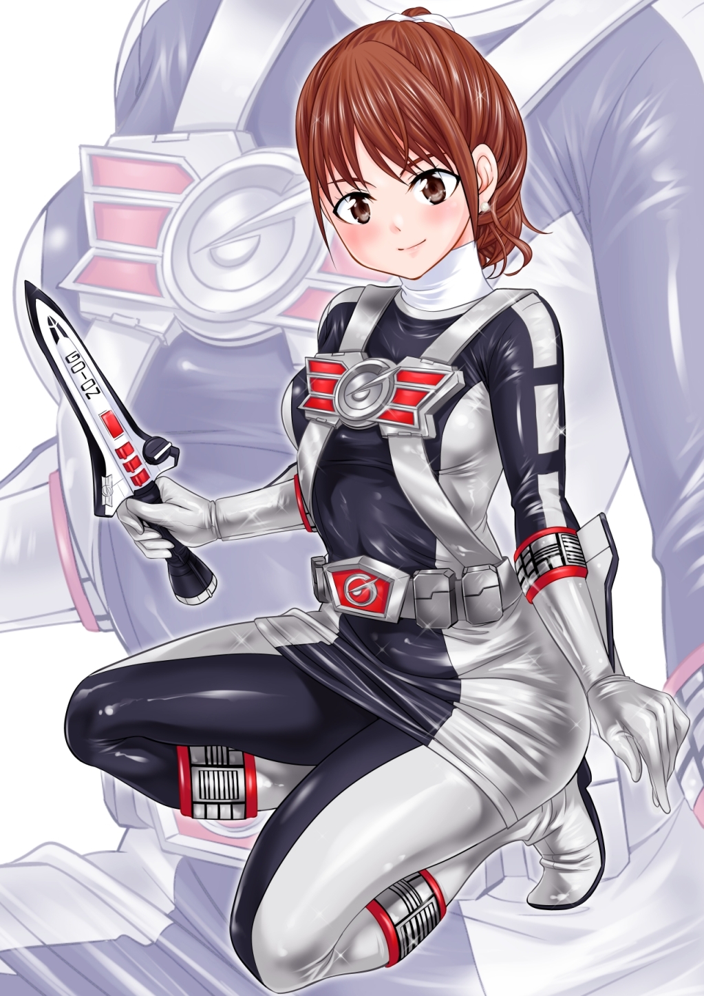 1girl abe_tsukumo belt bodysuit boots breasts brown_eyes brown_hair dagger earrings engine_sentai_go-onger gloves go-on_silver grey_belt grey_bodysuit grey_footwear grey_gloves grey_skirt hair_ribbon highres holding jewelry kneeling knife long_hair looking_at_viewer medium_breasts no_headwear ponytail ribbon rocket_dagger skirt sparkle super_sentai superhero_costume sutou_miu weapon white_background white_ribbon