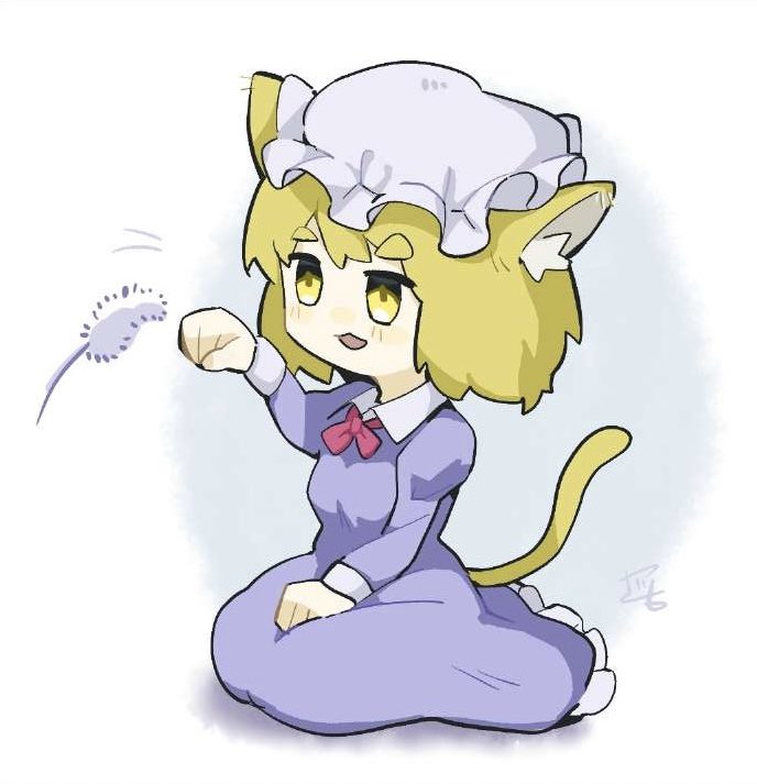1girl :3 :d animal_ear_fluff animal_ears blonde_hair breasts cat_ears cat_girl cat_tail cattail commentary_request dress frills full_body hat juliet_sleeves kemonomimi_mode light_blush long_sleeves maribel_hearn medium_breasts mob_cap open_mouth paw_pose pawing petticoat plant playing puffy_sleeves purple_dress short_hair simple_background sitting smile solo tail touhou wariza white_background wing_collar yanotsuki18 yellow_eyes