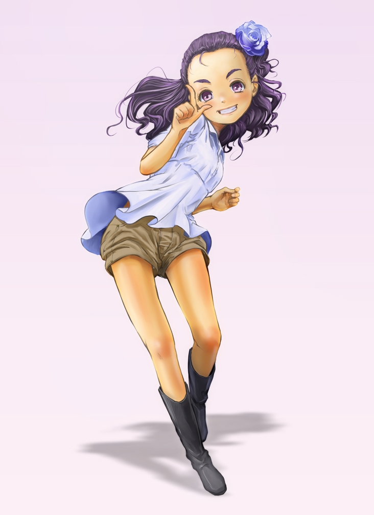 00s 1girl blue_flower blue_rose blush boots female_focus flower goru_(cure_golgom) grin hair_flower hair_ornament milk_(yes!_precure_5) mimino_kurumi precure purple_eyes purple_hair rose short_hair shorts smile solo yes!_precure_5 yes!_precure_5_gogo!