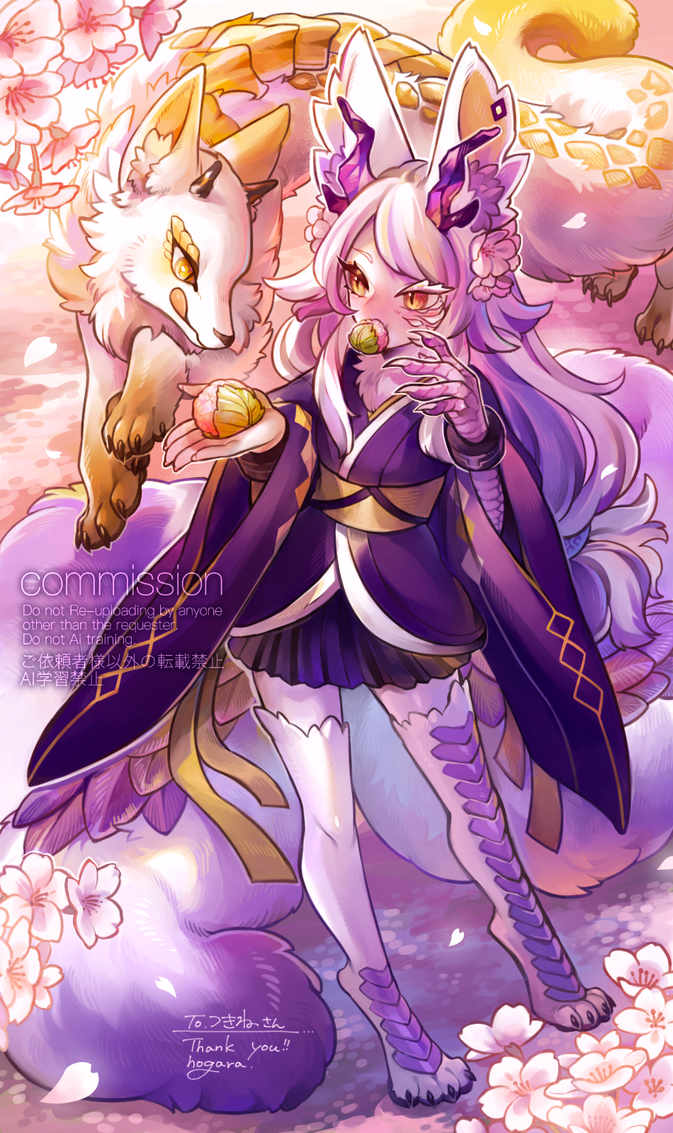 1girl animal_ears animal_feet animal_hands antlers cherry_blossoms claws colored_eyelashes commentary_request creature digitigrade eating falling_petals food fox_ears fox_girl fox_tail full_body highres hogara holding holding_food horns japanese_clothes kimono kitsune long_hair mochi monster_girl mouth_hold multicolored_hair multiple_tails orange_eyes original outdoors petals purple_hair purple_kimono sakura_mochi short_kimono skirt solo standing streaked_hair tail very_long_hair wagashi