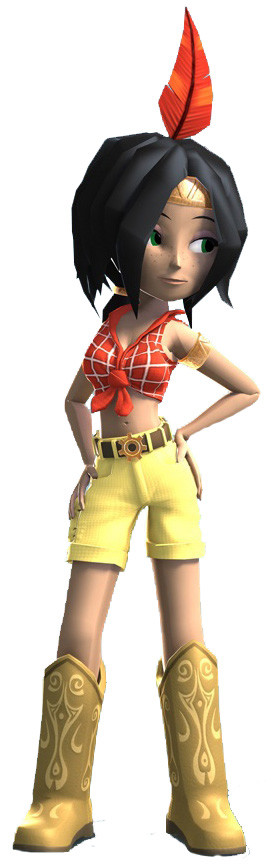 1girl banjo-kazooie banjo-kazooie:_nuts_and_bolts belt belt_buckle black_hair boots breasts buckle cleavage crop_top feather_hair_ornament freckles green_eyes hair_ornament hands_on_own_hips humba_wumba_(banjo-kazooie) legs looking_to_the_side medium_breasts native_american official_art rareware smile solo