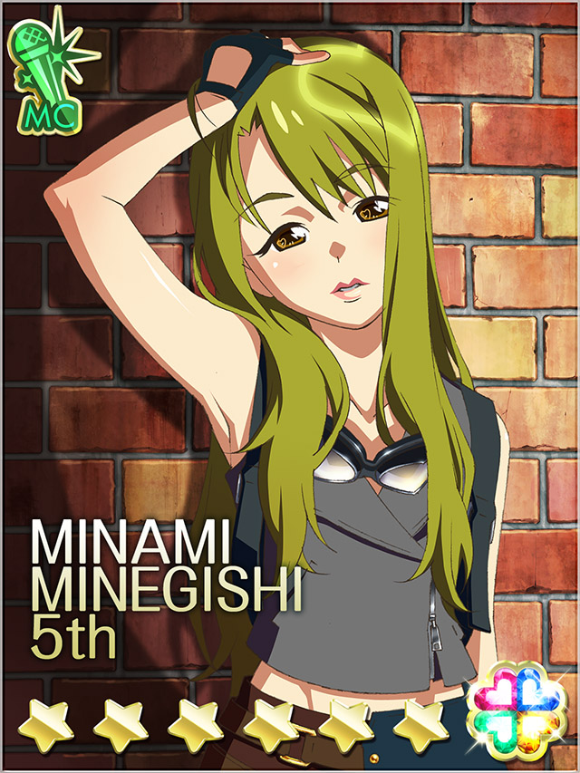 1girl akb0048 arm_at_side black_gloves brick_wall brown_shorts card_(medium) character_name cowboy_shot fingerless_gloves gloves goggles goggles_around_neck green_eyes green_hair hand_on_own_head heart long_hair looking_at_viewer minamino_mikako non-web_source official_art parted_lips shirt shorts sleeveless sleeveless_shirt solo standing star_(symbol)